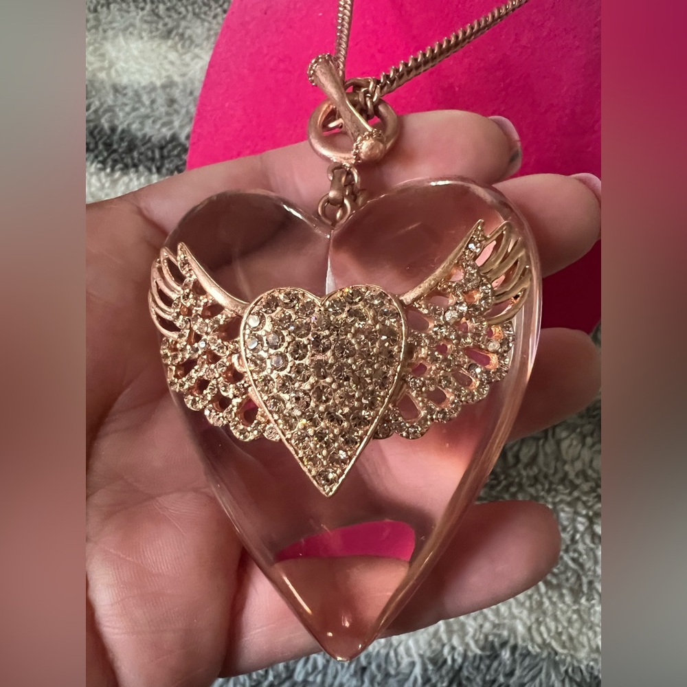 SOLD Betsey Johnson Vintage Huge Lucite Heart Rose Gold Wings Necklace